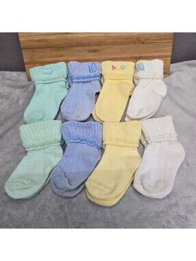 Vintage Pastel Knit Baby Socks Lot 8 Pairs Booties Blue Green Yellow White